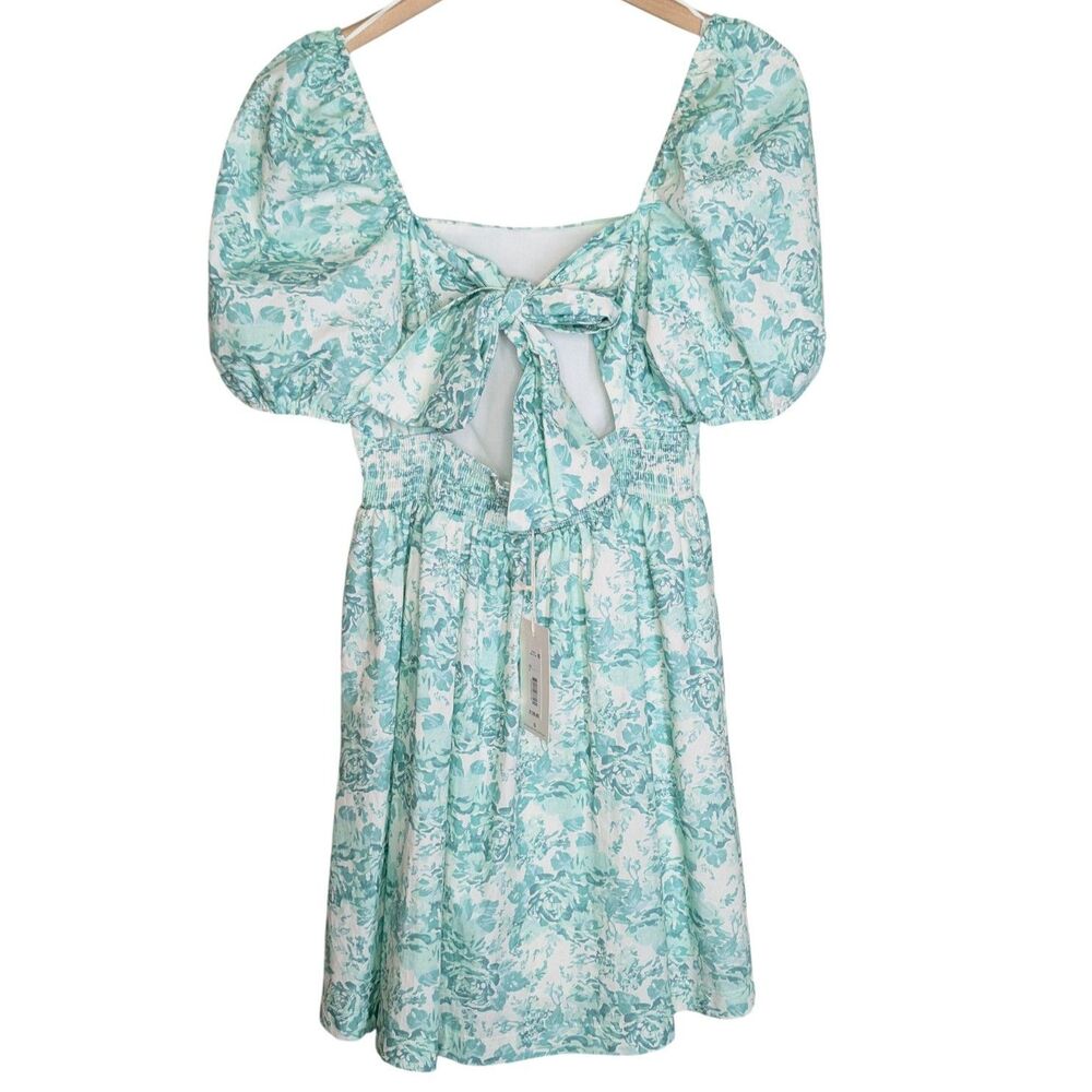 NWT White Green Floral Cottage Coquette Boutique Dress Sz M Puff Sleeve Bow - Picture 2 of 12